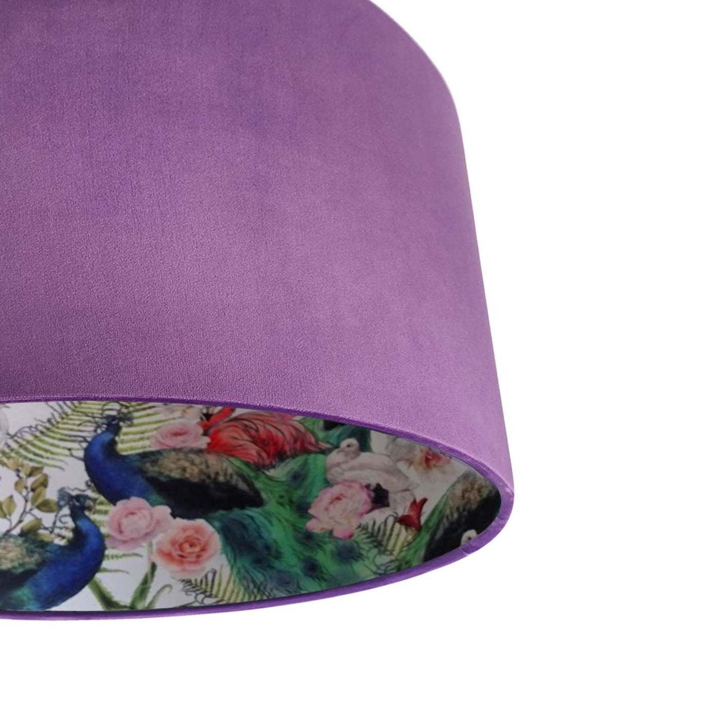 close up of the Peacock and Flamingo Feathers Lampshade in Amethyst Purple Velvet