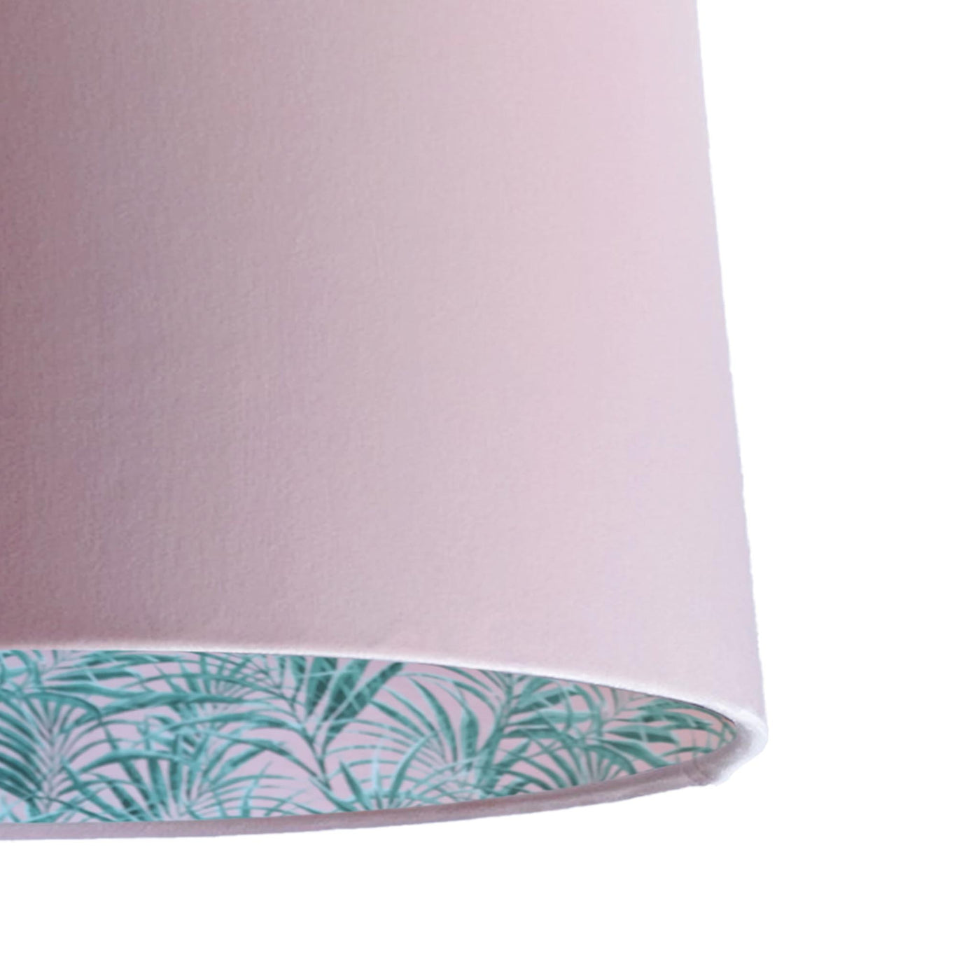 close up of the Baby Pink Pink Lampshade with Palms Delight Lining
