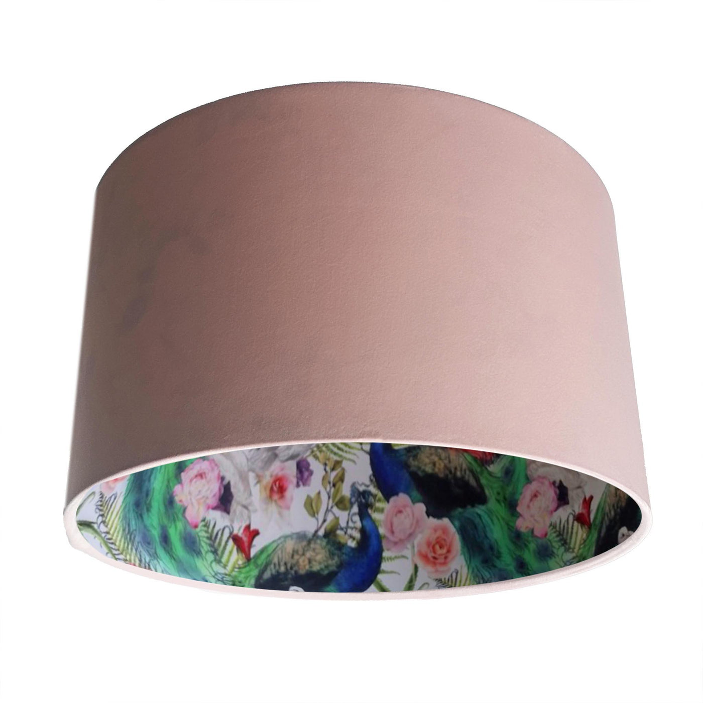 Peacock and Flamingo Feathers Lampshade in Baby Pink Velvet