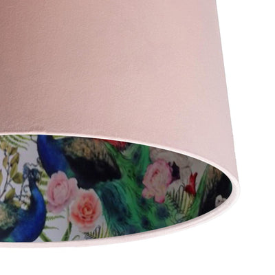 close up of the Peacock and Flamingo Feathers Lampshade in Baby Pink Velvet