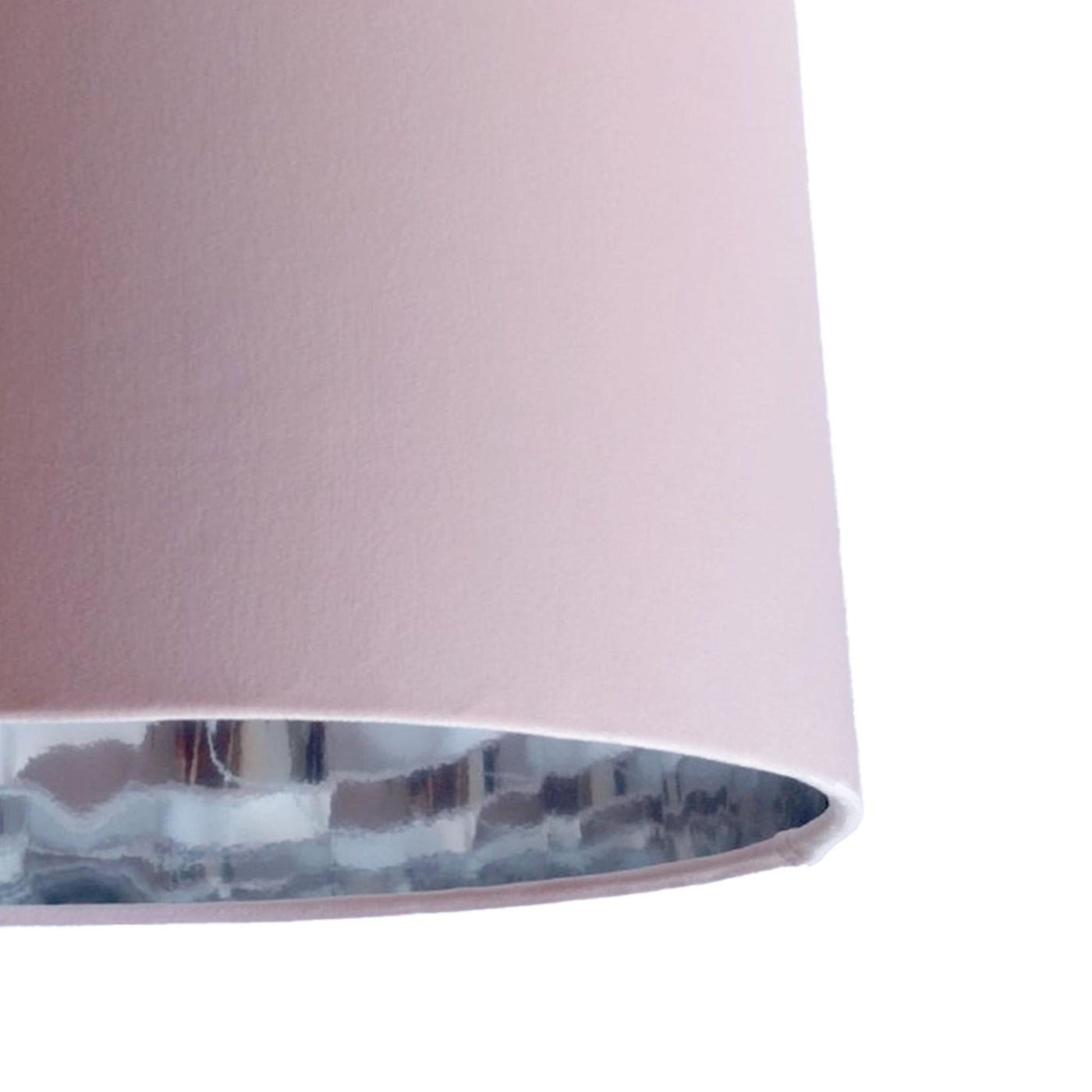 close up of the Baby Pink Velvet Lampshade with Mirror Silver Lining