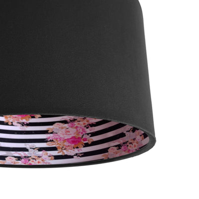 close up of the Black Velvet Lampshade with glamorous stripy floral