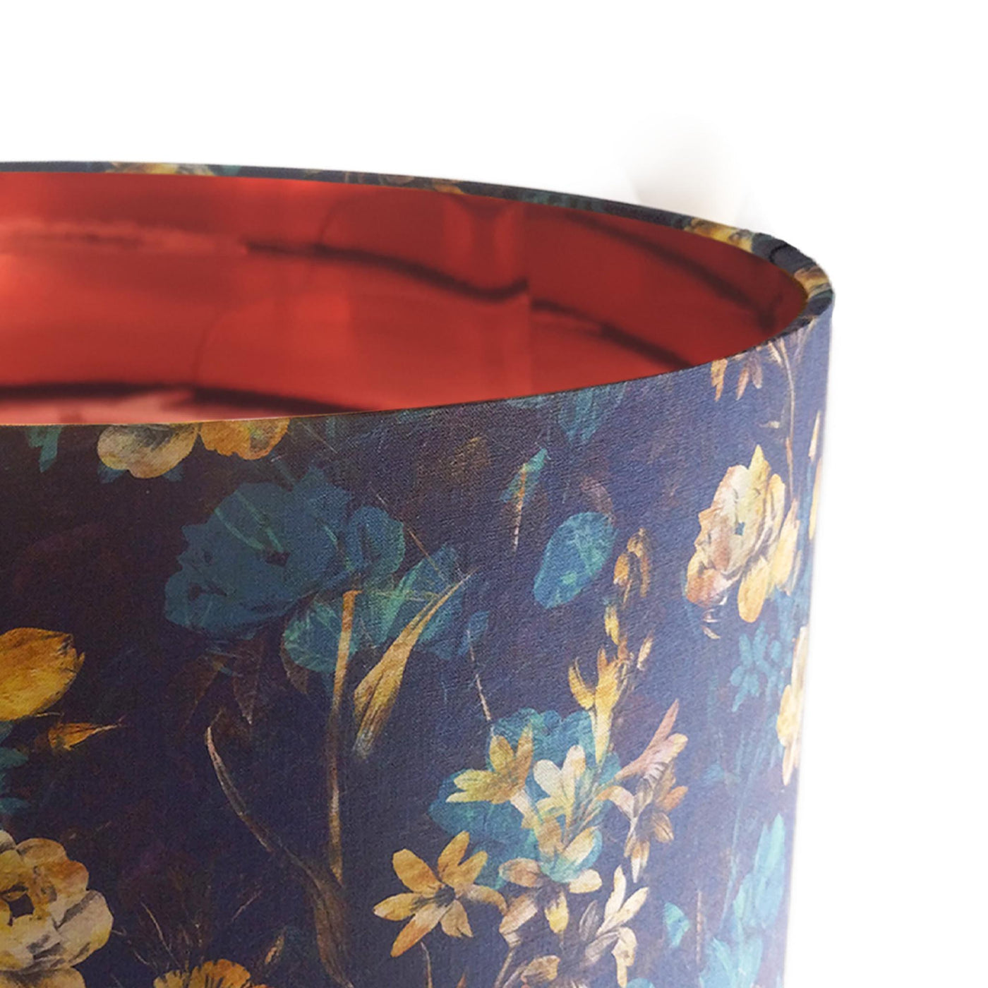 close up of the Navy Blue Gold Flower Lampshade with Mirror Copper Lining