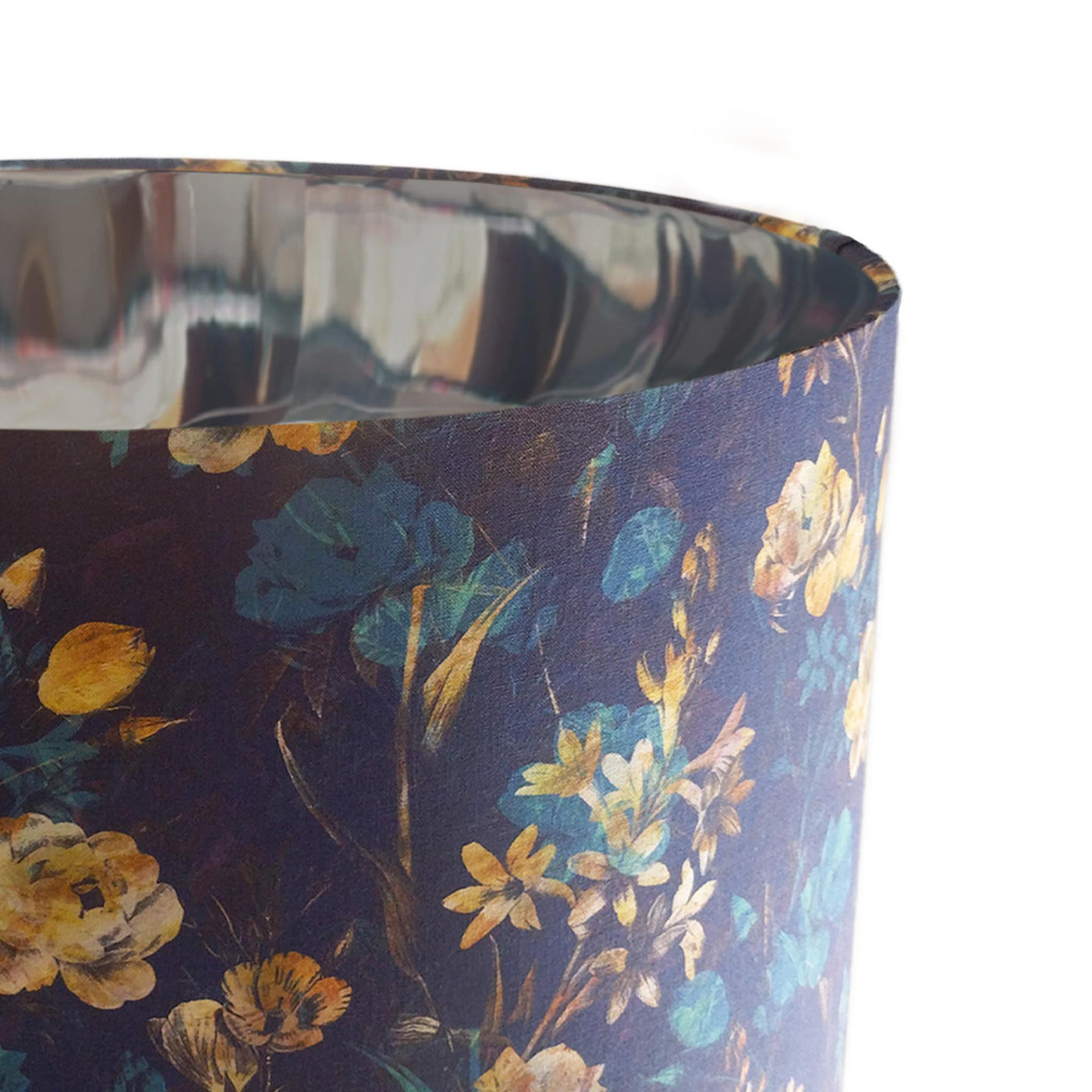 close up of the Navy Blue Gold Flower Lampshade with Mirror Silver Lining