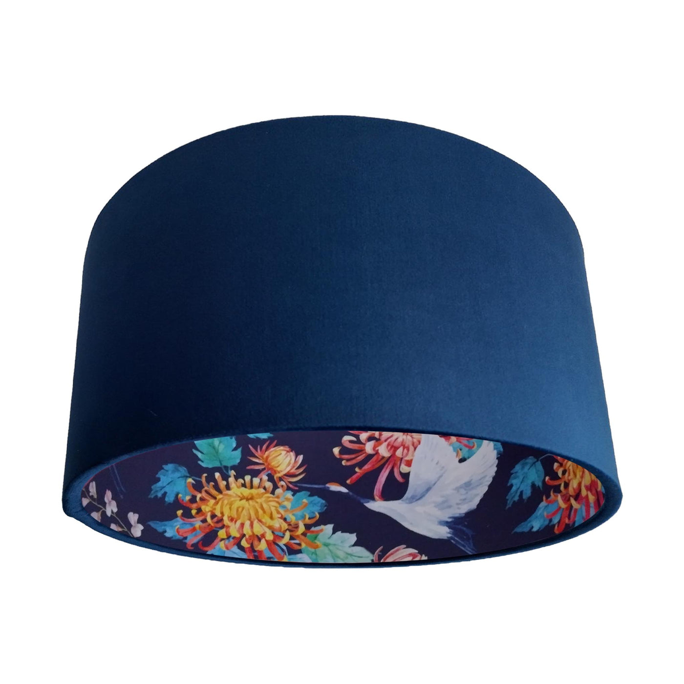 Navy blue velvet lampshade with Japanese cranes lining in blue