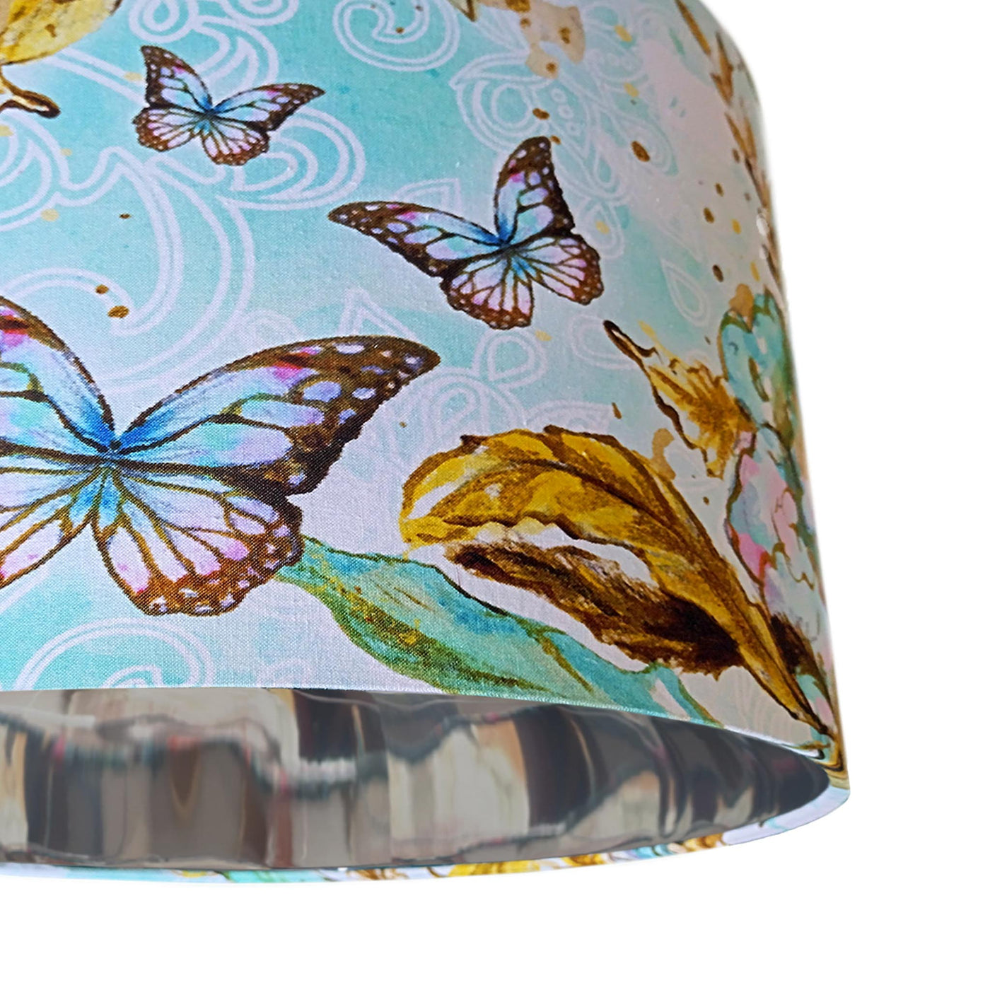 close up of the Boho Butterflies Cotton Lampshade with Mirror Silver