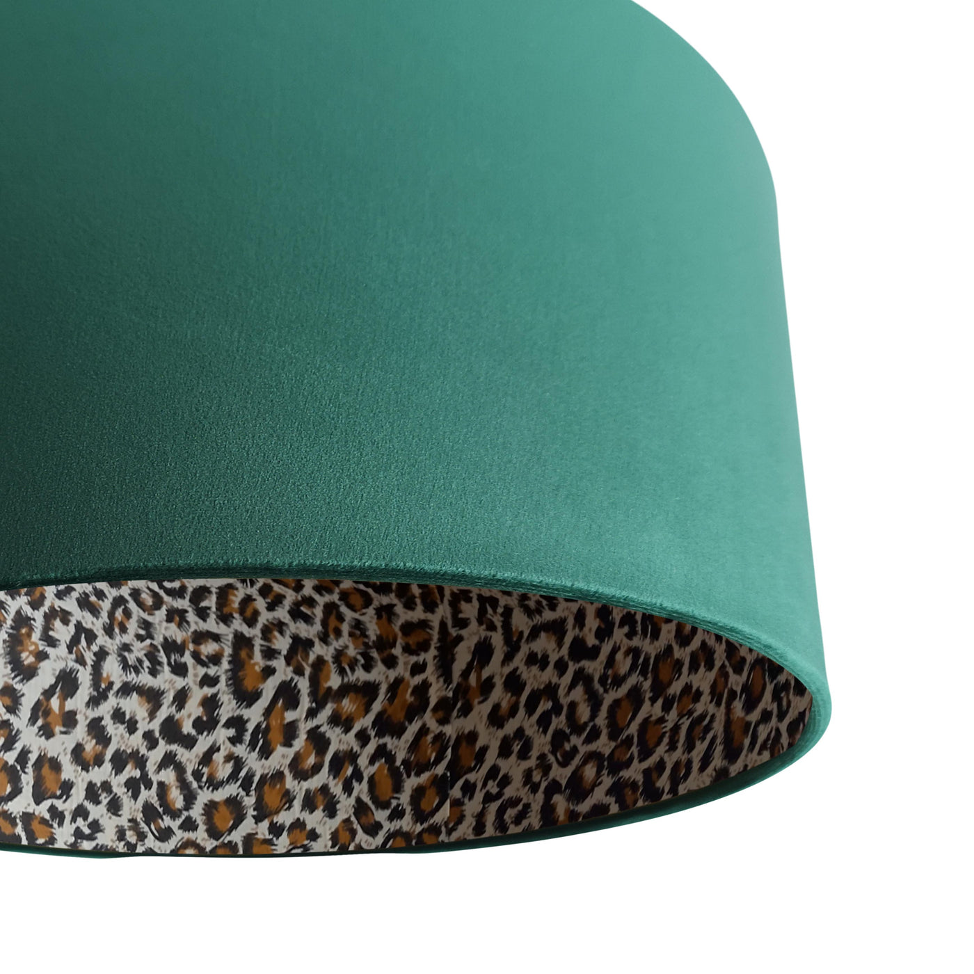 close up of the Bottle Green Velvet Light Shade with Leopard Lining