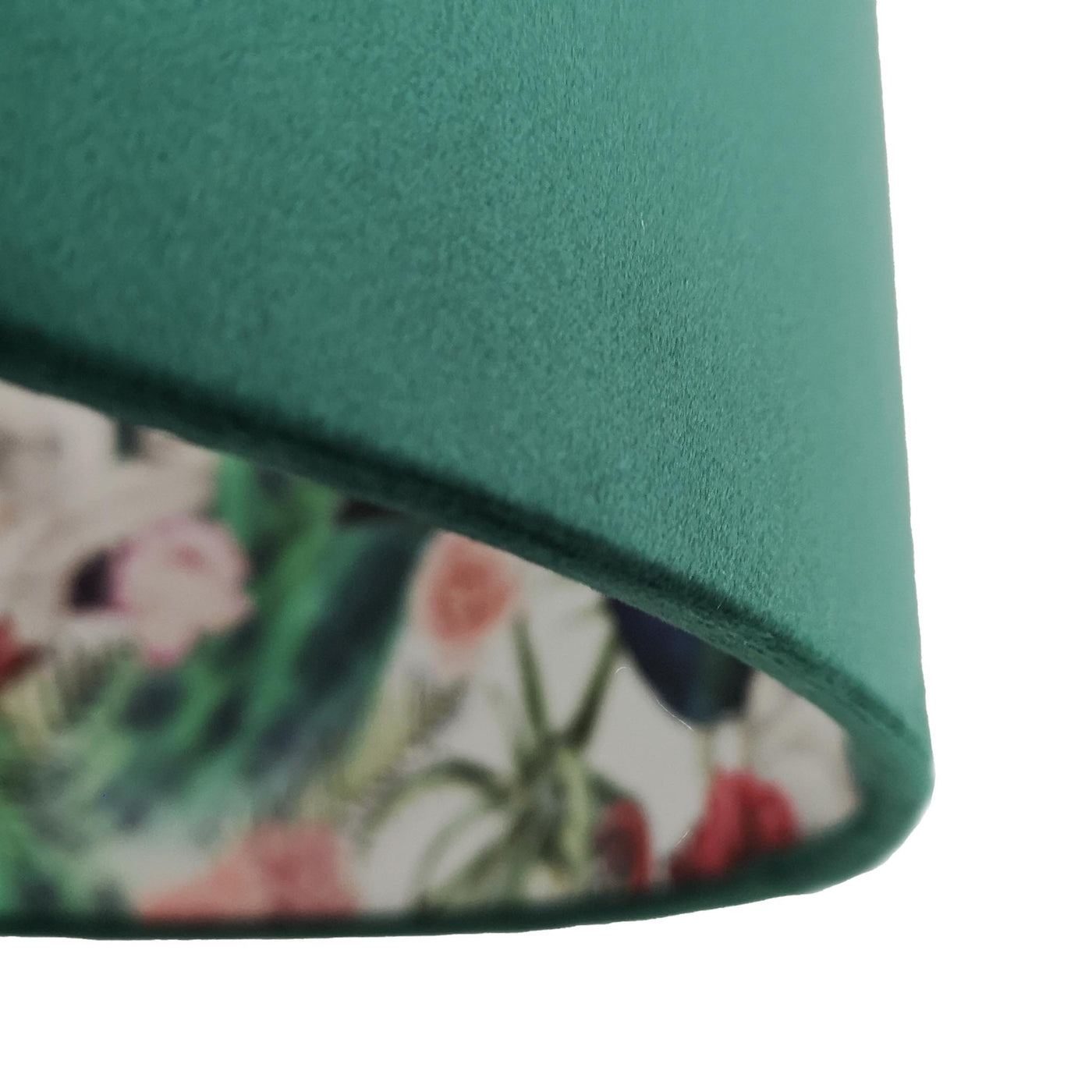 close up of the Flamingo and Peacock Feathers Light Shade in Bottle Green Velvet