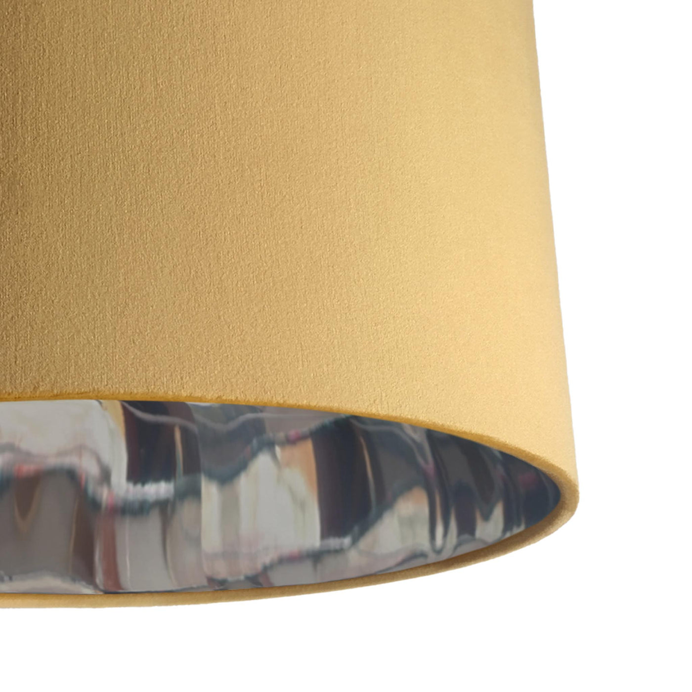 close up of the Camel Beige Velvet Lampshade with Mirror Silver Lining