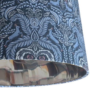 close up of the Deer Woodland Cotton Lampshade in Navy Blue with Mirror Silver