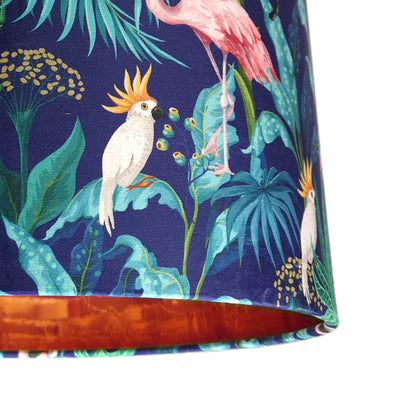 close up of the Flamingo Forest Velvet Lampshade with Mirror Copper Lining