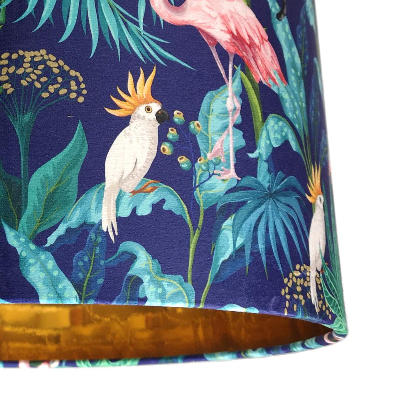 close up of the Flamingo Forest Velvet Lampshade with Mirror Gold Lining