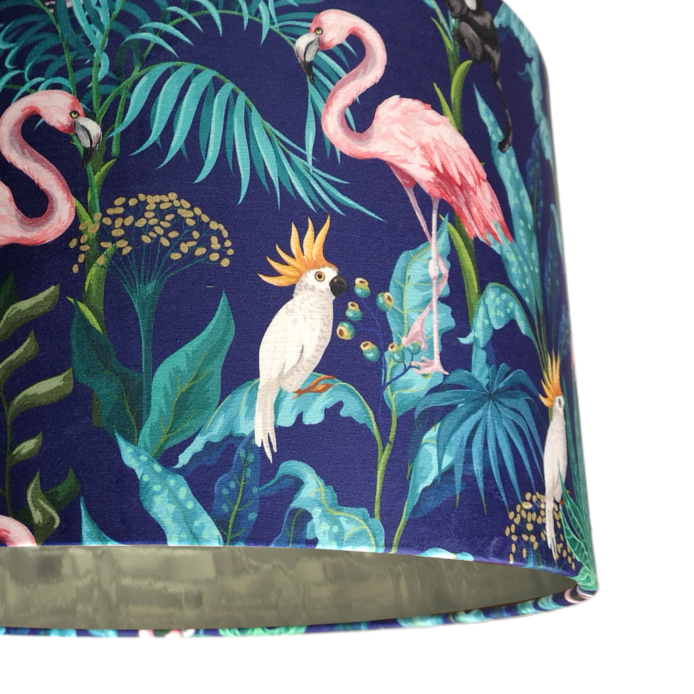 close up of the Flamingo Forest Velvet Lampshade with Mirror Silver Lining