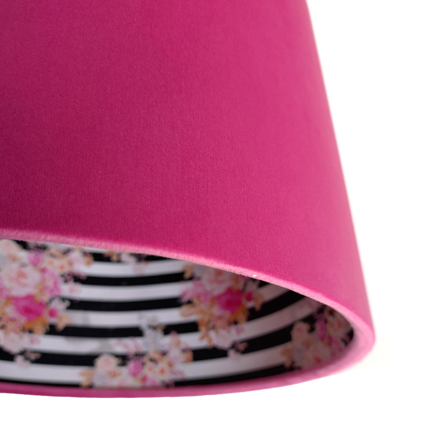 close up of the Hot Pink Velvet Lampshade with glamorous stripy floral