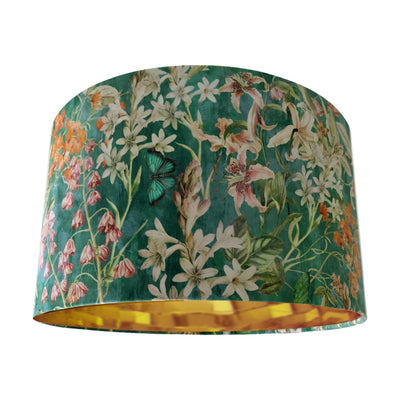 Velvet Lamp Shade with Emerald Green Meadow and Gold Lining