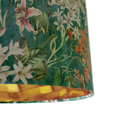 clos up of the Velvet Lamp Shade with Emerald Green Meadow and Gold Lining