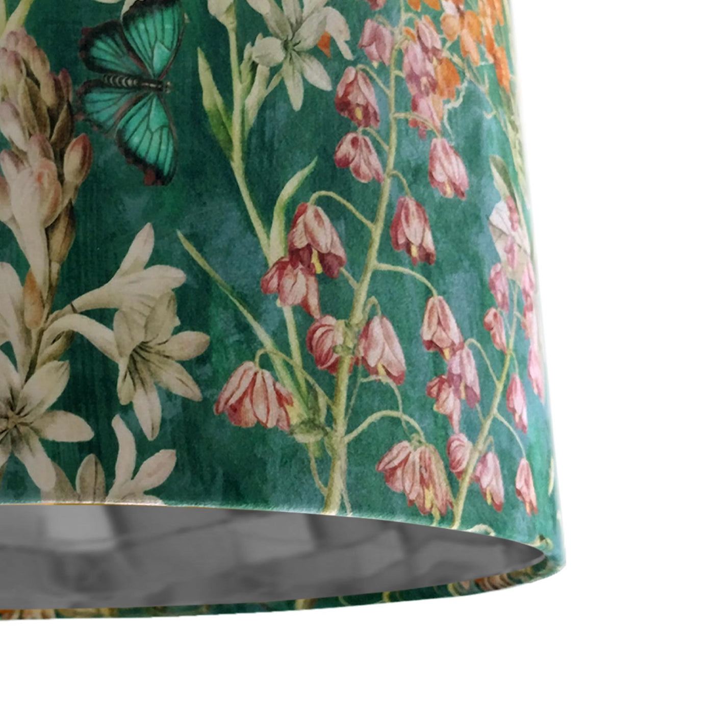 close up of the Emerald Green Meadow Velvet Light Shade with Silver Lining