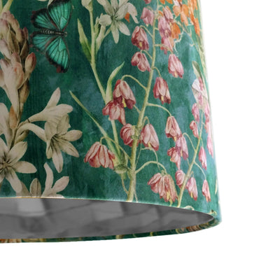 close up of the Emerald Green Meadow Velvet Light Shade with Silver Lining