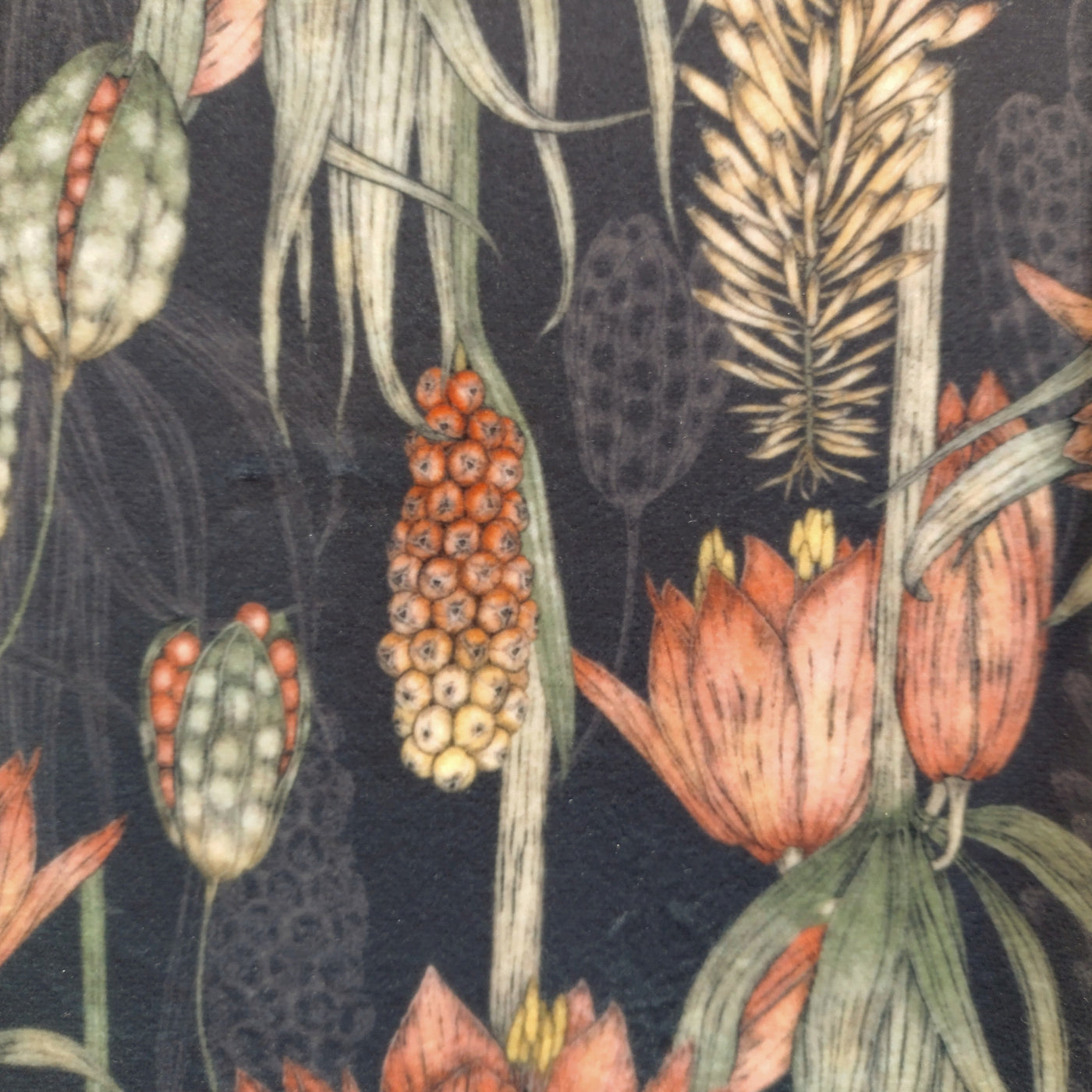 close up of the black exotic floral velvet used for our silver lined lampshade