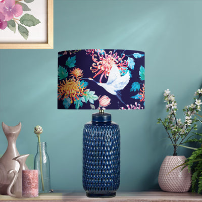 Japanese Cranes Cotton Lampshade in Blue with Mirror Gold Lining