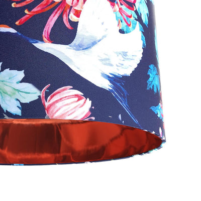 close up of the Japanese Cranes Cotton Lampshade in Blue with Mirror Copper Lining