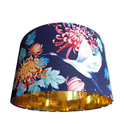 Japanese Cranes Cotton Lampshade in Blue with Mirror Gold Lining