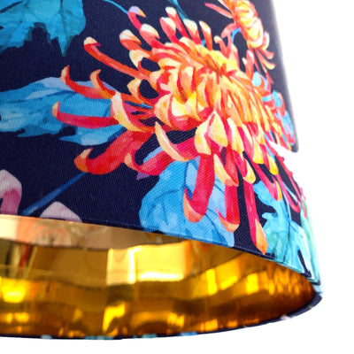 close up of Japanese Cranes Cotton Lampshade in Blue with Mirror Gold Lining