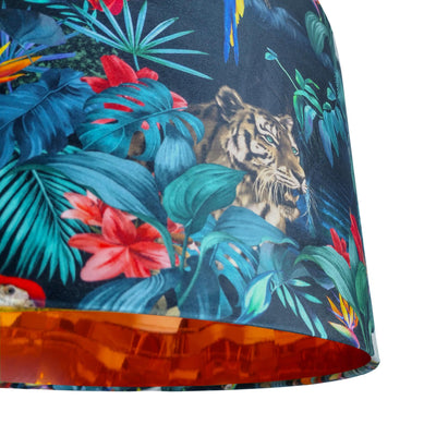 close up of the Junglesque Velvet Lampshade with Mirror Copper Lining