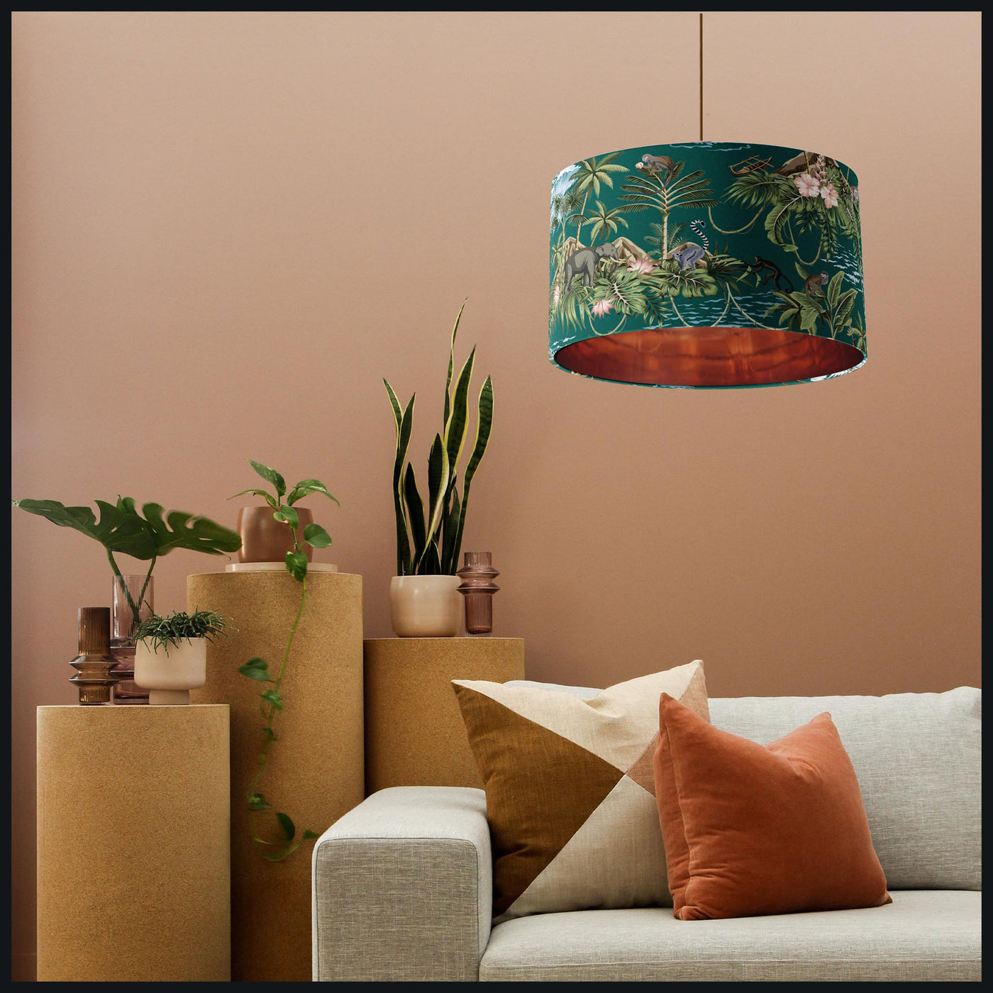 Green Lemur Island Cotton Lampshade with Mirror Copper Lining