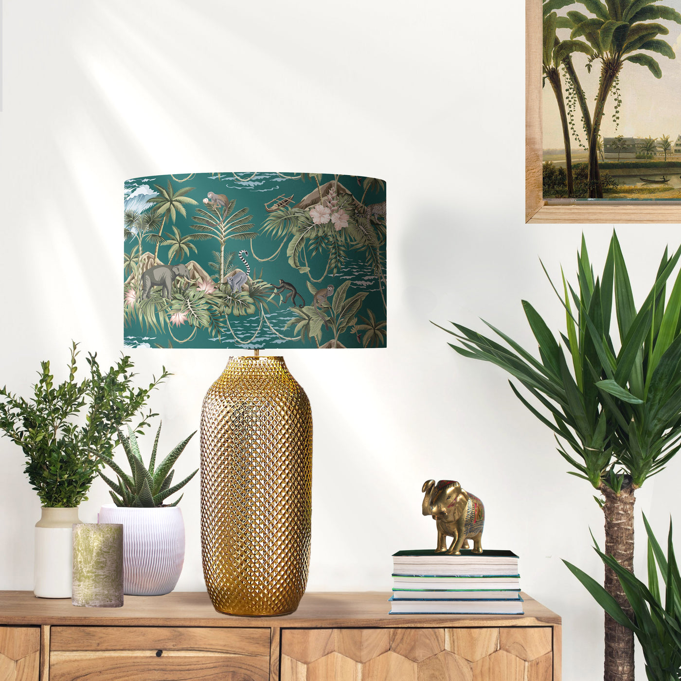 Green Lemur Island Cotton Lampshade with Mirror Gold Lining