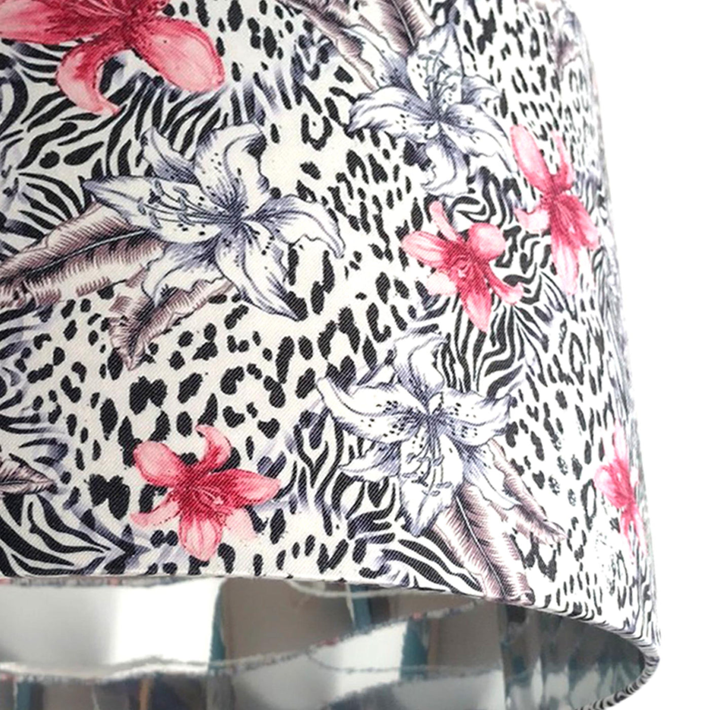 close up of Floral Savanna Cotton Lampshade with mirror silver lining