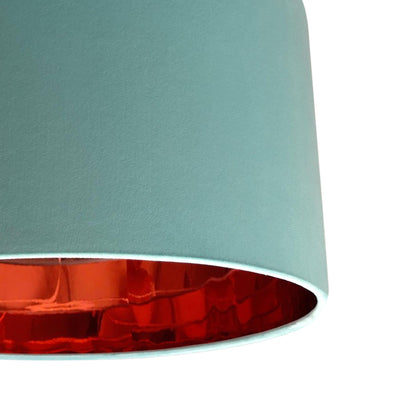 close up of the Mint Green Velvet Lampshade with Mirror Copper Lining