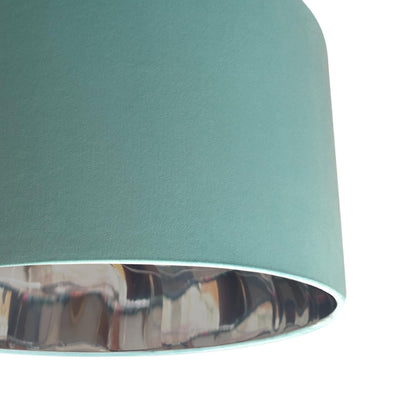 close up of the Mint Green Velvet Lampshade with Silver Mirror Lining