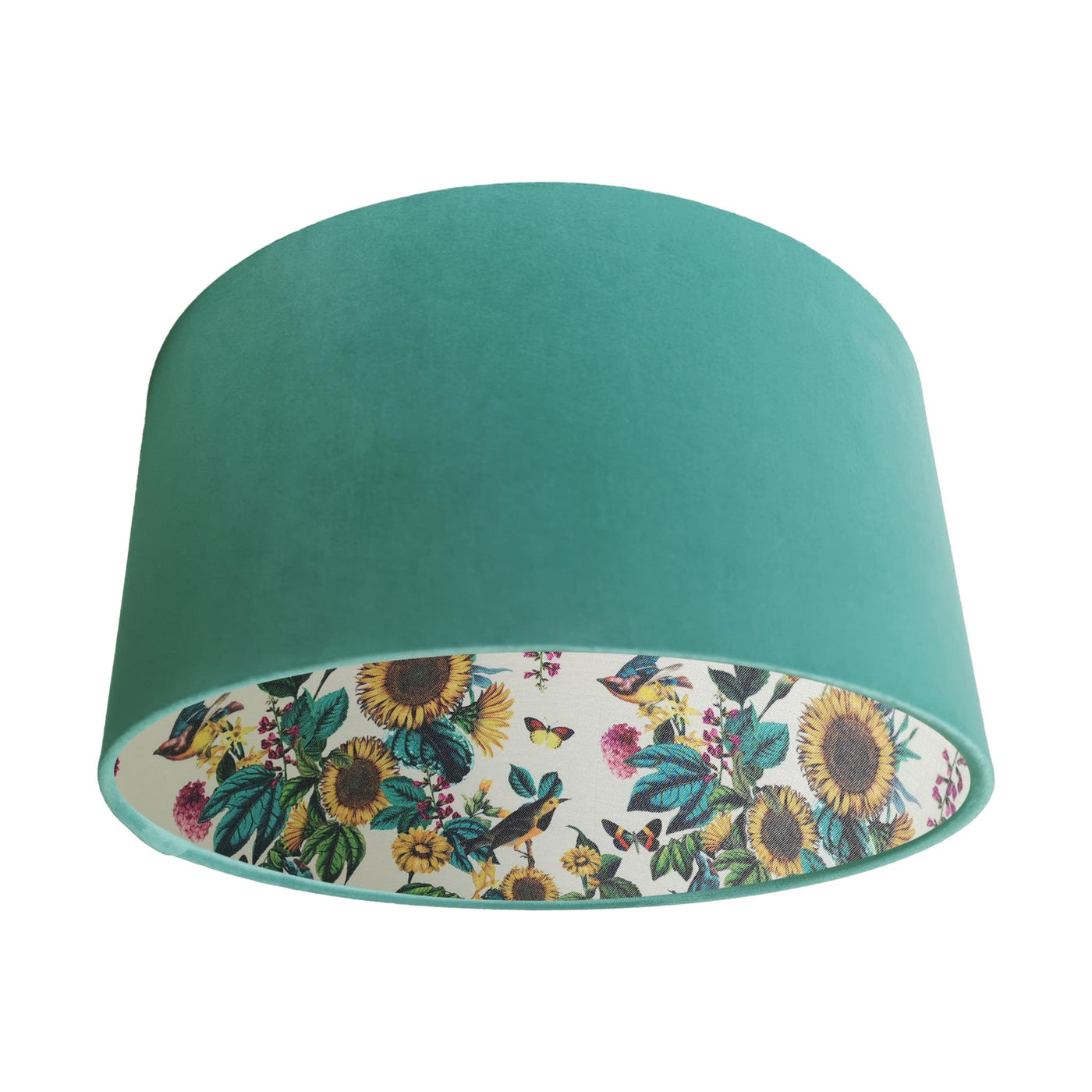 Mint Green Velvet Lampshade with Birds and Sunflowers in Cream