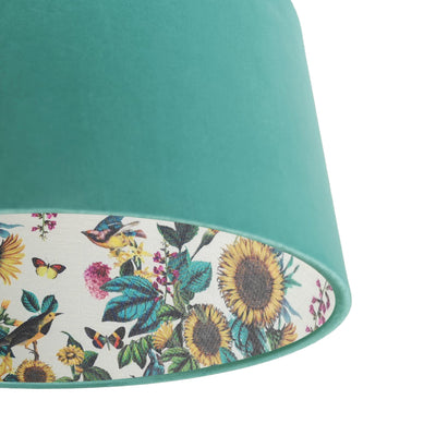 close up of the Mint Green Velvet Lampshade with Birds and Sunflowers in Cream