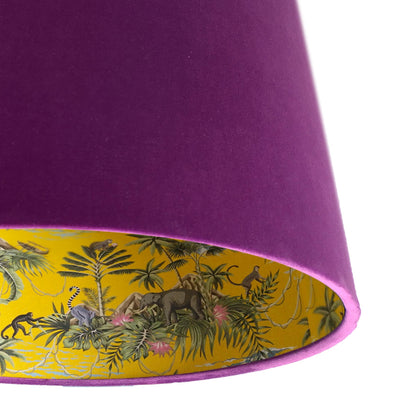 close up of the Lemur Tropical Yellow Island Lampshade in Mulberry Purple Velvet