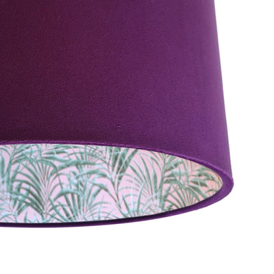 close up of the Mulberry Purple Velvet Lampshade with Palms Delight Lining