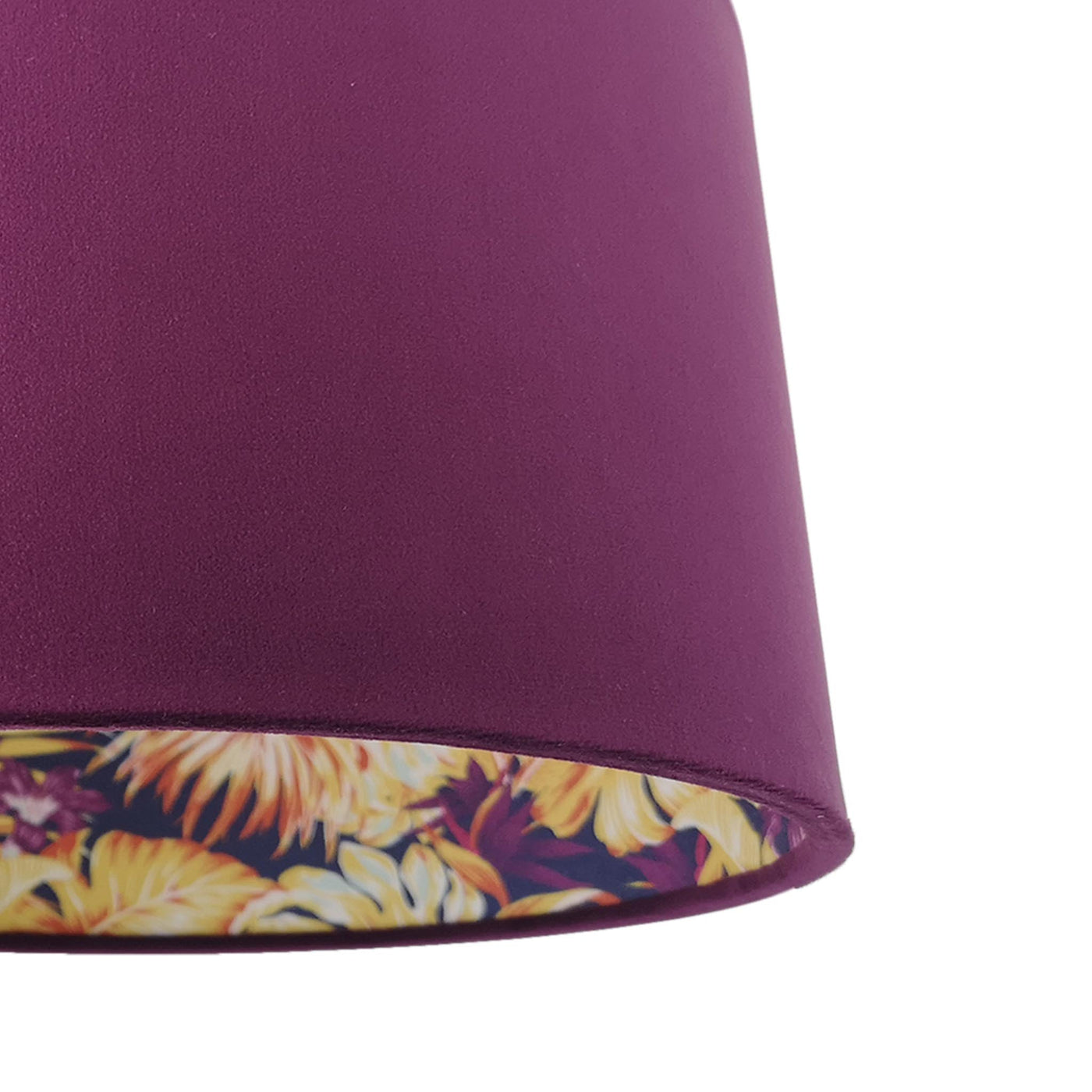 close up of the Purple and Gold Tropical Lampshade in Mulberry Purple Velvet