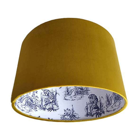Mustard Yellow Velvet Lampshade with Blue Tiger Chinoiserie Lining