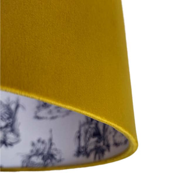 close up of the Mustard Yellow Velvet Lampshade with Blue Tiger Chinoiserie Lining