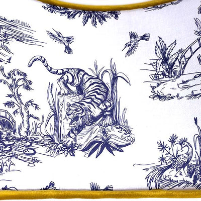 inside close up of the Mustard Yellow Velvet Lampshade with Blue Tiger Chinoiserie Lining