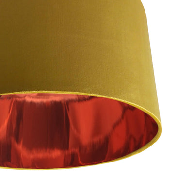 close up of the Mustard Yellow Gold Velvet Lampshade with Mirror Copper Lining