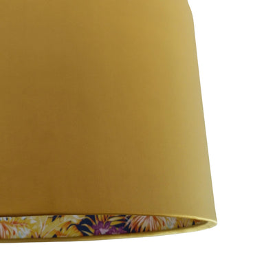 close up of the Purple and Gold Tropical Lampshade in Mustard Yellow Velvet