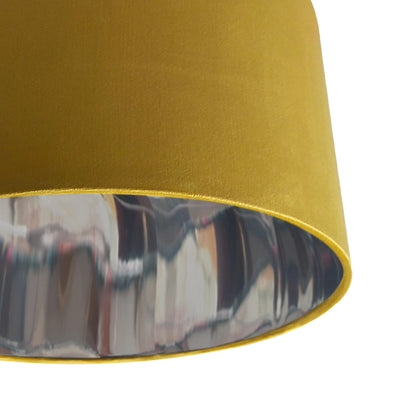 close up of the Mustard Yellow Velvet Lampshade with Mirror Silver Lining