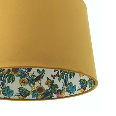 Mustard Yellow Velvet Lampshade with Birds and Sunflowers in Cream