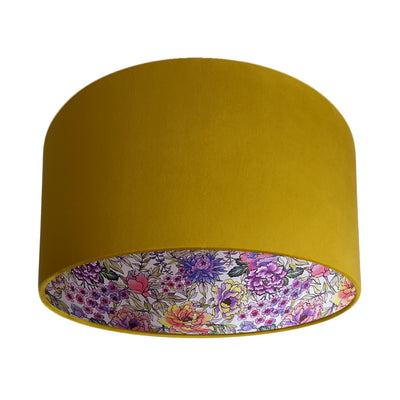 Mustard yellow velvet lampshade with wildflowers lining