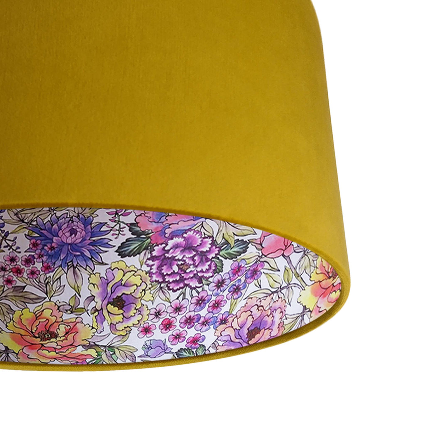 close up of the Mustard yellow velvet lampshade with wildflowers lining