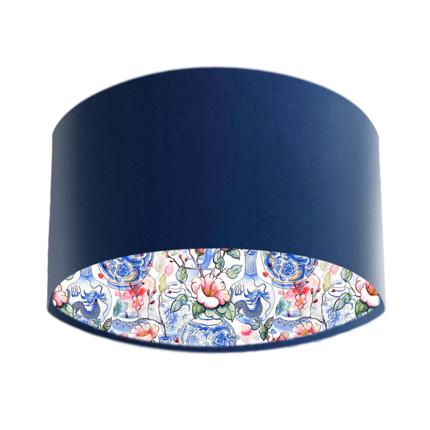 Navy Blue Velvet Lamp Shade with Oriental Vases Lining