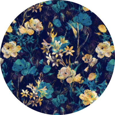 close up of navy blue and gold floral design