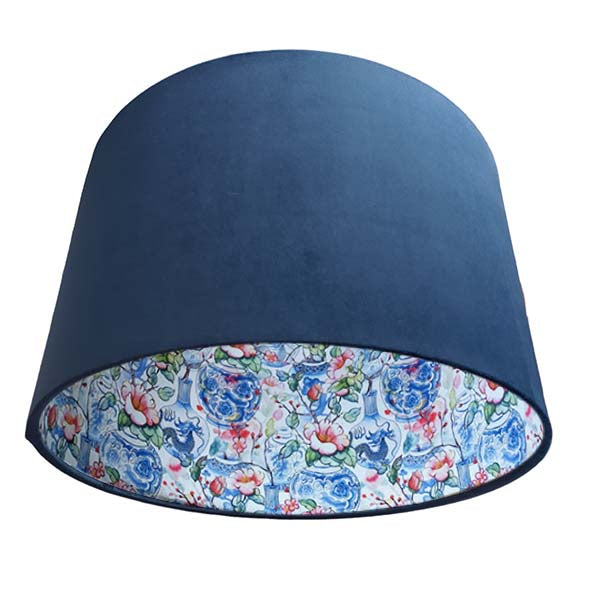 Navy Blue Velvet Lamp Shade with Oriental Vases Lining